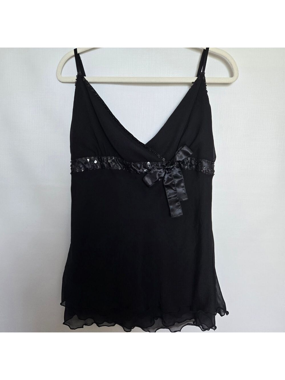 DORI ELEGANT DAINTY BLACK CAMI TANK SEQUIN SATIN BOW (2XL)